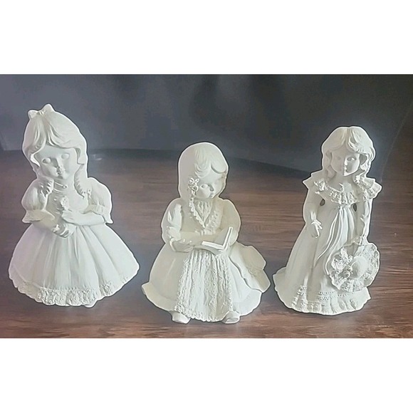 3 Vintage Ceramic Bisque Victorian Girls Unpainted Statue Decor Figurine - Picture 1 of 8